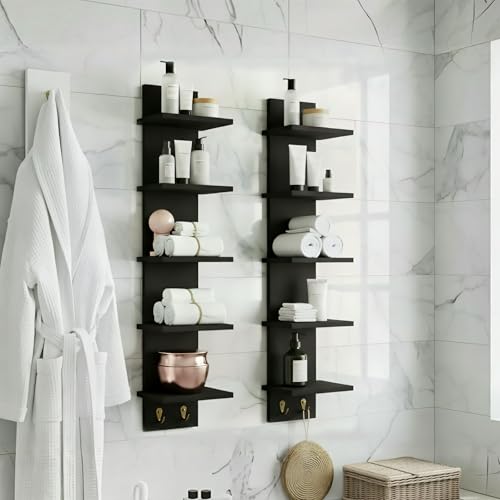 Sorbus 5 Tier Wall Shelf Unit with Hooks, Vertical Column Utility Shelving for Home Decor and Storage Organizer, Wall-Mounted Floating Shelves for Bathroom Storage, Bedroom (2 Pack) - color: Black, size: 2 Pack