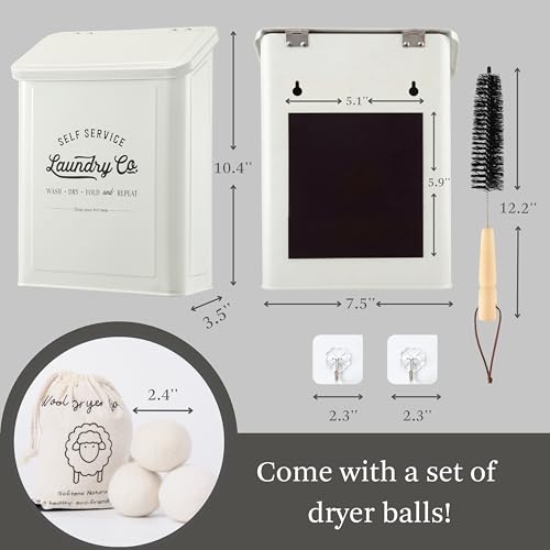 MONJITA Magnetic Lint Bin for Laundry Room, Metal Trash Can with Lid for Dryer, Farmhouse Lint Holder, Laundry Co Sign, Laundry Room Storage Decor with Dryer Lint Brush (White-Dryer Ball Set) - color: White (Dryer Ball Set)