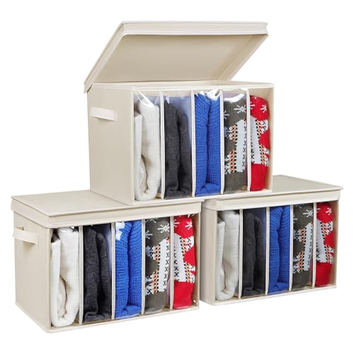 Zilink Upgraded Clothes Organizers with Lids and Support Boards Large Sweater Organizer for Closet Shelf with 5 Grids Divider Wardrobe Organizer for Sweaters, Jeans, Pants, Beige, 3 Pack - color: Beige - For Sweater