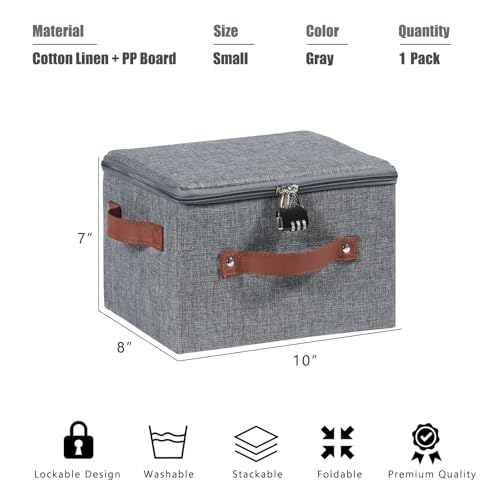 Storage Bin Box with Zipper Lid Combination Lock Cotton Linen Fabric Lidded Lockable Baskets PU Leather Handles Collapsible Washable Closet Shelf Organizer Container (Gray, Small) - color: Gray, size: Small ( Set of 1 )