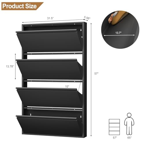 LUCYPAL Shoe Cabinet with 4 Flip Drawers,Slim Shoe Storage Cabinets for Entryway,Black Narrow Wall Shoe Cabinet for Hallway,Living Room, Bedroom - color: Black, size: 4 Drawers