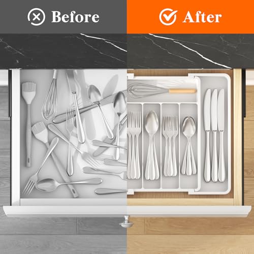Lifewit Silverware Drawer Organizer, Expandable Utensil Tray for Kitchen, BPA Free Flatware and Cutlery Holder, Adjustable Plastic Storage for Spoons Forks Knives, 8.5-14 x 12", White - color: White, size: Medium (8.5-14''W x 12''D)