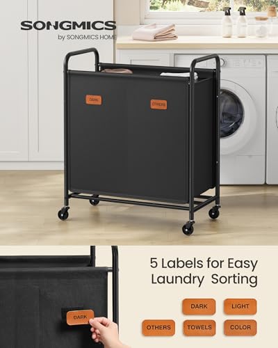 SONGMICS 2-Section Laundry Sorter, Laundry Hamper with Wheels, Rolling Clothes Hamper Cart with Large Capacity and Removable Bags, for Laundry Room, Bedroom, Bathroom, Ink Black URLS210B01 - color: Ink Black, size: 140 L