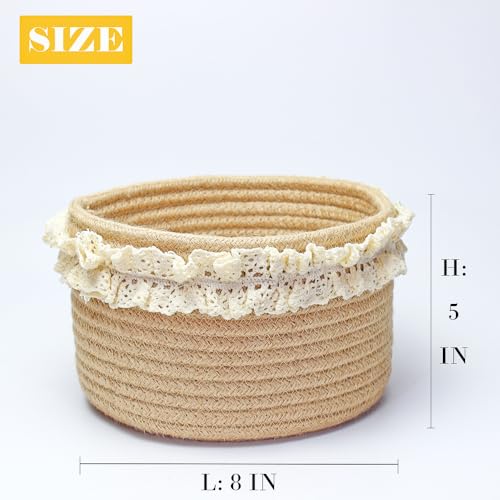 Yimi's Dream Basket for Gifts, Small Cute Round Baskets for Baby, Wedding, Birthday, Mini Decorative Jute Rope Baskets for Home Decor (Brown, 8"x 8"x 5") - color: brown with lace, size: Round - 8''x8"x5"