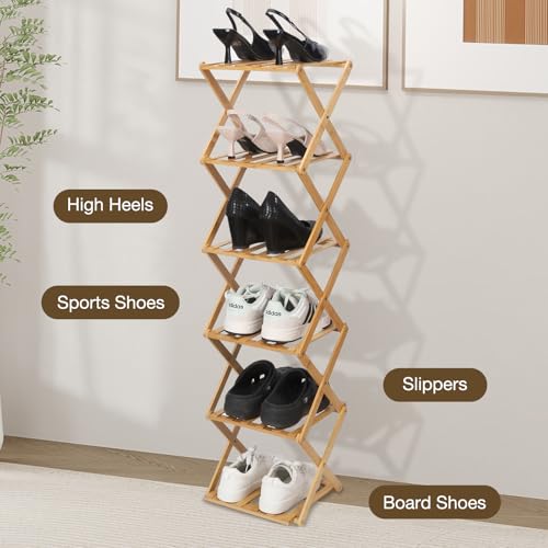 Bamboo Shoe Rack 6 Tier Foldable Shoe Rack Narrow Vertical Shoe Organizer Free Standing Shelf, Multifunctional Slim Storage for Entryway, Corner, Bedroom, Hallway, Wood Color - color: Wood Color, size: 6-tier