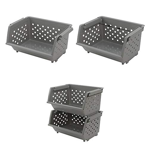 3 Pack Plastic Stacking Organizer Basket, Open Front Large Stackable Storage Bins, Gray