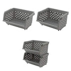 3 Pack Plastic Stacking Organizer Basket, Open Front Large Stackable Storage Bins, Gray