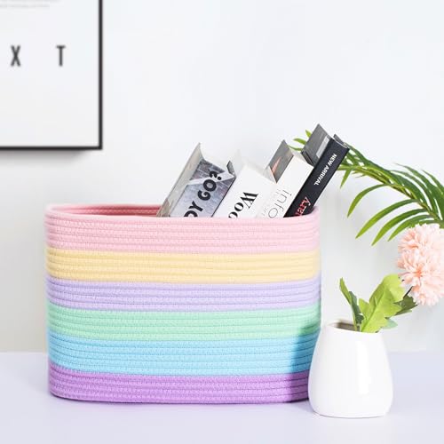 MINTWOOD Design Storage Basket for Shelves, Decorative Baskets for Organizing, Book Basket, Storage Cube Bin Box, Woven Closet Organizer, Pantry Closet and Shoe Basket, Pastel Rainbow - color: Rainbow Pastel