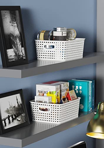 WYT Woven Plastic Storage Baskets, 6 Pack White Weave Bins Organizer, 10.1" x 7.55" x 4.1" - color: White, size: 6-Pack