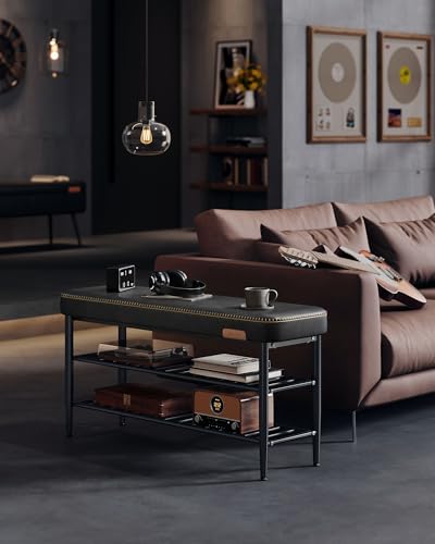 VASAGLE EKHO Collection - Shoe Rack Bench, Storage Bench for Entryway, Synthetic Leather with Stitching, Mid-Century Modern, Loads 300 lb, 11.8 x 39.4 x 19.7 Inches, Ink Black ULSB113B01 - color: Ink Black, size: 39.4"W