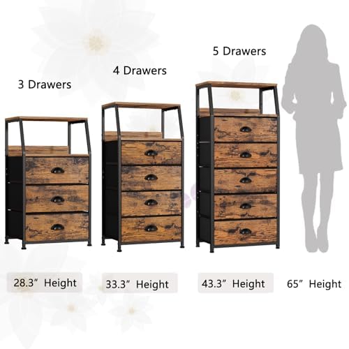 Furnulem Night Stand, Tall 4 Drawers Dresser for Bedroom, Hallway, Nursery, Closet Organizer, Nightstand Bedside Table Furniture, Vertical Storage Tower Fabric, Sturdy Steel Frame, Wood Top - color: Rustic Brown, style: 4 Drawers