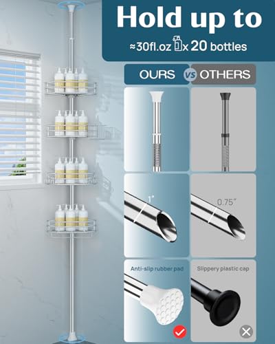 SEIRIONE Corner Shower Caddy Tension Pole, Quick Setup, Rust-Free Bathroom Shower Organizer Corner for Bathtub Shampoo Storage, 4-Tier Adjustable Shelf, Drill Free, Fits 34 to 116 Inch Height, Silver - color: Silver
