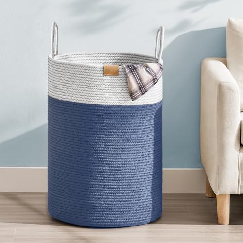 Nunsino Laundry Hamper 75L,Large Laundry Basket for Clothes,Decorative Storage Basket for Blankets,Cotton Rope Woven basket for bedroom,Navy Blue - color: Navy Blue, size: 75L/19.8Gal