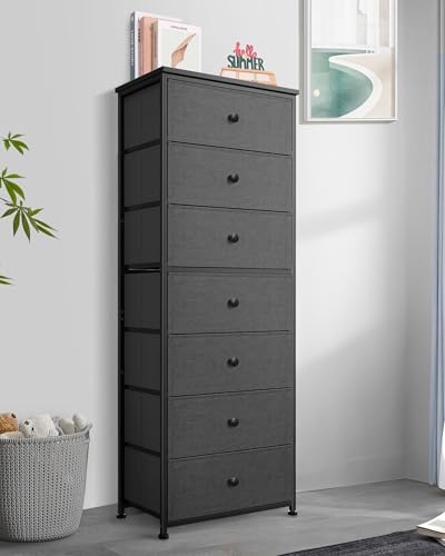 Mifuro Tall Fabric Dresser for Bedroom, Vertical Storage Organizer Tower with 7 Drawers, Chest of Drawers with Bins, Steel Frame, Wood Top for Bedroom, Closet, Entryway Grey - color: Grey, size: 7 Large Drawers