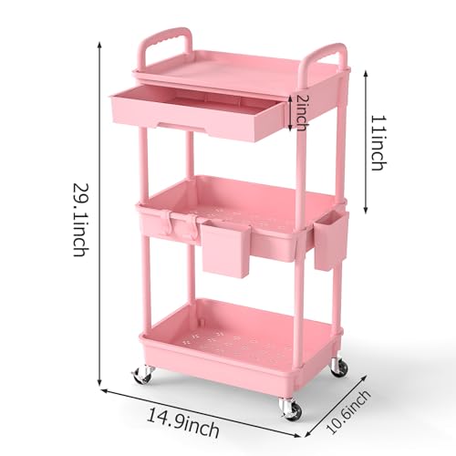 3 Tier Rolling Utility Cart with Drawer, Plastic Storage Organizer Rolling Carts with Wheels Handles Hanging Cups Hooks for Office, Bathroom, Kitchen,Craft Art Room (Pink) - color: Pink, size: 3-Tier