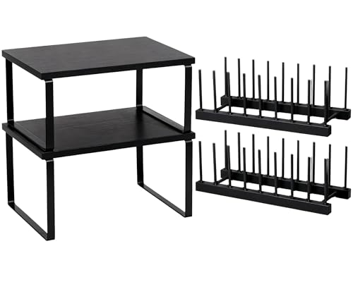 Marsui 4 Pcs Kitchen Organizer Accessories Set Cabinet Organizer Shelf and Bamboo Dish Drying Plate Rack Counter Shelves Storage Holder for Spice Rack, Dish, Pot Lid, Bowl, Cup (Black) - color: Black