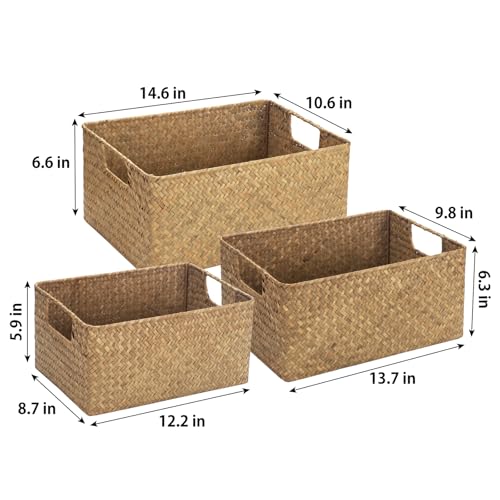 YANGQIHOME Wicker Baskets, [Set of 3] Woven Baskets for Storage, Seagrass Storage Baskets for Organizing with Built-in Handles, Open Storage Bins, Multisize, Natural - color: Natural (Set of 3)