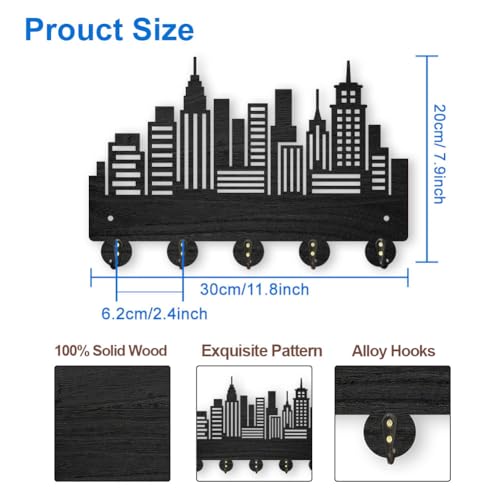 MAYJOYDIY Wood City Skyscraper Coat Rack Wall Mount 11.8×7.9inch Modern City Building Key Holder for Wall 5 Alloy Hooks Wall Art Decor Black Hook Rack for Office Entryway Living Room Gift - color: City