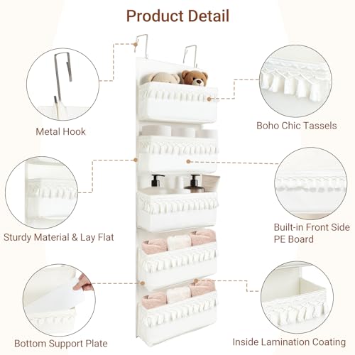 Dahey Over The Door Organizer Boho Nursery Storage Decor Closet Hanging Organizer with Tassels Decoration for Bedroom Nursery Bathroom Apartments Dorm Pantry, 5 Pockets, White - color: White, size: Large