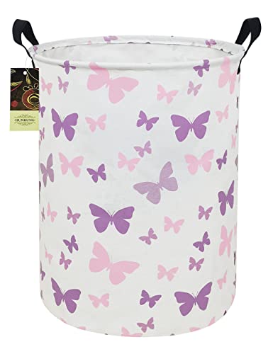 Collapsible Fabric Storage Basket, Waterproof Laundry Hamper with Handles, Round Storage Bin for Clothes Toys, Foldable Organizer for Bedroom Nursery Bathroom(Round-Purple Butterfly) - color: Round-Purple Butterfly