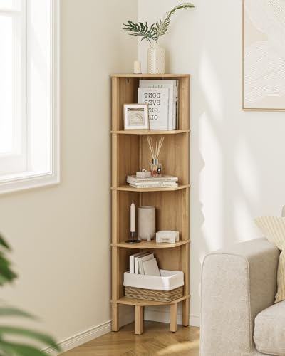 Corner Shelf, 5 Tier Corner Bookshelf, Display Corner Shelf Stand with Storage Rack, Wall Corner Bookshelf for Living Room, Bedroom, Office, Oak - color: Oak Without Light