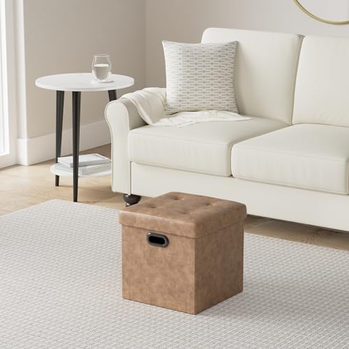 SONGMICS Mazie Collection - 15 Inches Ottoman with Storage, Footstool, Storage Ottoman with Metal Handles, Load 660 lb, for Dorm, Living Room, Bedroom, Synthetic Leather, Coffee Brown ULSF030K01 - color: Coffee Brown, size: 15"D x 15"W x 15"H