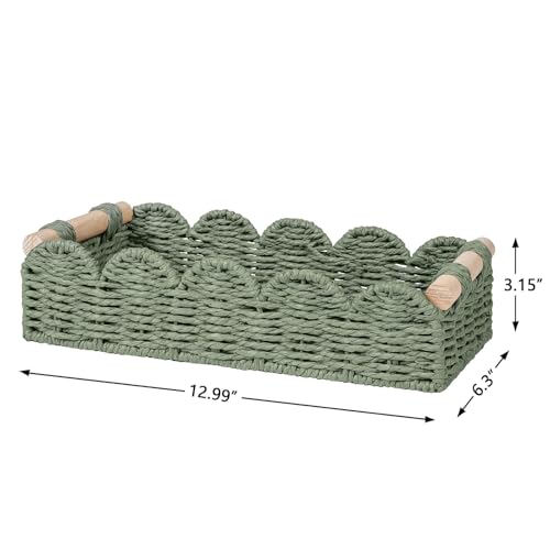 CubesLand Toilet Paper Storage Basket Organizer, Small Wicker Toilet Tank Top Decorative Baskets for Countertop, Handwoven Scalloped Basket w/handle for Home Decor, Living Room, Bedroom, Green - color: Green, size: S - 12.99"L x 6.3"W x 3.15"H
