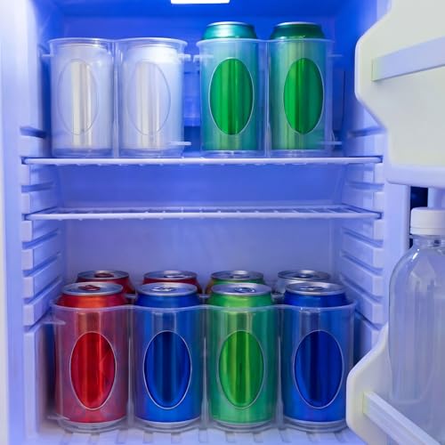 Novabright 6 Pack Portable Soda Can Organizer 11 x 4.2 x 2.2" Beer Cans Holder with Handle 4-slot Plastic Soda Can Holder Dispenser Fridge Storage Sliding Rack for Refrigerator Shelf Kitchen Pantry