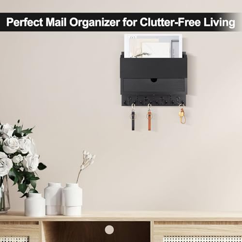 Mail and Key Holder Wall Mount with Storage Drawer – Modern Wooden Mail Organizer for Wall Entryway, 7 Key Hooks & Chalkboard Panel – Stylish Home Decor for Apartments, Living Room, Office - color: Black