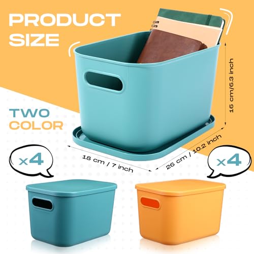 Hoolerry 8 Pieces Colorful Storage Bins with Lid, Plastic Storage Basket Organizing Container Stackable Box with Handle for Shelves Desktop Playroom Office(10.2 x 7 x 6.3 Inch,Green and Yellow) - color: Green and Yellow, size: 10.2 x 7 x 6.3 Inch