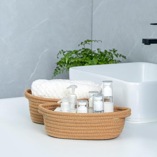 CubesLand Small Cotton Rope Storage Basket Set 5, Shelves Baskets for Organizing with Handle, Decorative Closet Storage Bins for Countertop Toilet Paper Basket for Toilet Tank Top,Brown Basket - color: Tan Brown
