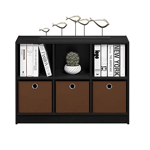 Furinno BASIC Book Shelf, 6-Cube Bookshelf with Open Shelf, 3 x 2 Bookcase with Storage Bins, Closed Back, Horizontal, 11.9 x 31.6 x 23.6, for Living Room, Bedroom, Home Office, Americano - color: Americano/Medium Brown, size: 6-Cube with Bin