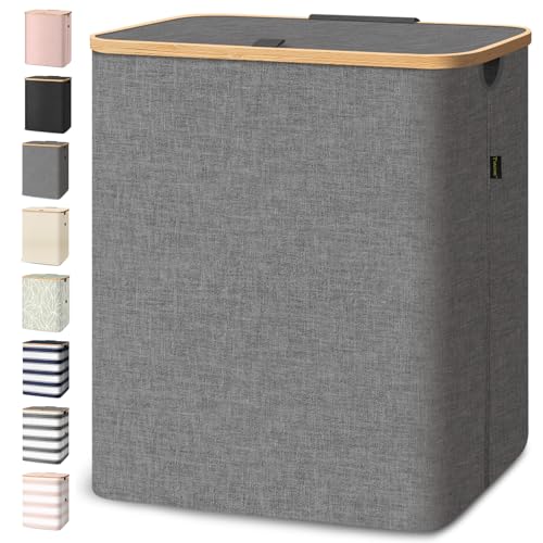 BALEINE Laundry Hamper with Lid, Tall Laundry Baskets with Bamboo Pull Handles, Large Laundry Bin with Internal Support (36 Gal/140L, Grey) - color: Grey, size: 140 liters