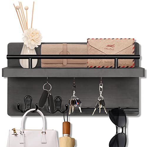 OurWarm Wall Mounted Key Hanger with 5 Hooks, Decorative Wooden Mail Organizer with Shelf, Rustic Home Decor for Entryway, Mudroom, Office, Hallway - color: Gray