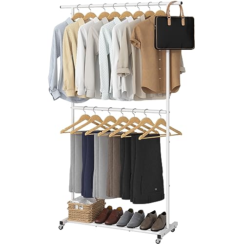 Sywhitta Double Rod Clothing Garment Rack, Rolling Coat Hanger with Bottom Mesh, Clothing Rack for Hanging Clothes, Coats, Skirts, Sweaters, White - color: White, size: With mesh