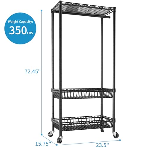Heavy Duty Clothes Rack Rolling Garment Rack,3 Tier Adjustable Wire Shelving Clothing Racks for Hanging Clothes with Double Rods&Side Hooks,Freestanding Wardrobe Storage Rack Metal Portable Closet - color: Black5, size: 15.75"D x 23.5"W x 72.45"H