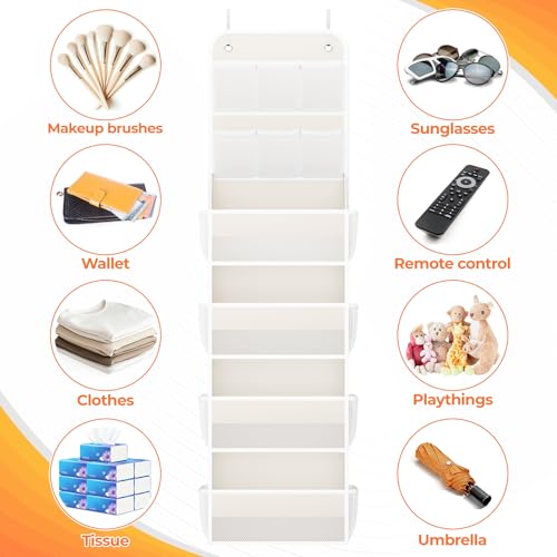 SpaceHacks 6-Tier Over the Door Organizer with Mesh Pockets, Baby Nursery Storage for Closet, Bathroom and Bedroom, Adjustable Hanging Closet Organizer for Cosmetics, Books and Essentials (Beige) - color: Beige, size: 6-Tier