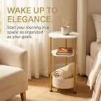 Small Round Side Table with Storage Basket, 3-Tier Narrow End Table Nightstand for Living Room Bedroom, 11.8" Diameter Modern Bedside Table for Small Spaces, Wood Grain & Metal Frame (White & Gold) - color: White & Gold
