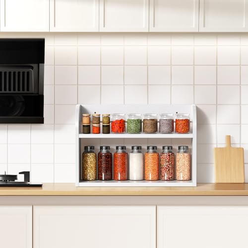 ROMGUAR CRAFT 2 Tier Bamboo Spice Rack, Countertop or Wall Mounting Wood Spice Jars Organizer Shelf for Kitche, Pantry (White) - color: White, size: 2 Tier
