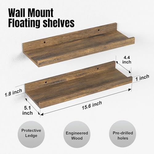 Boswillon Floating Shelves for Wall, Wall Mounted Shelves Set of 2, Rustic Shelves with Lip, Display Picture Ledge Shelf for Wall Decor Living Room Bathroom Kitchen - Brown - color: Brown, size: 15.7 In