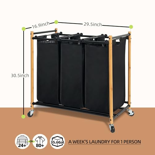 STORAGE MANIAC Laundry Sorter, Laundry Hamper with Wheels, Laundry Basket Sorter, Laundry Separator Hamper, Laundry Divider Hamper (Bamboo, 3 Section)