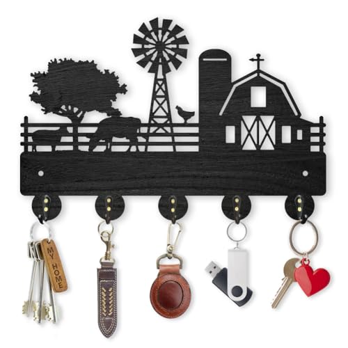MAYJOYDIY Farm Cow Sheep Coat Rack Wall Mounted Wood Farmhouse Animal Key Hanger Wall Art Decor 11.8×7.9inch 5 Alloy Hooks Black Key Rack Organizer for Gift Entryway Hallway Kitchen Room - color: Farm Cow Sheep
