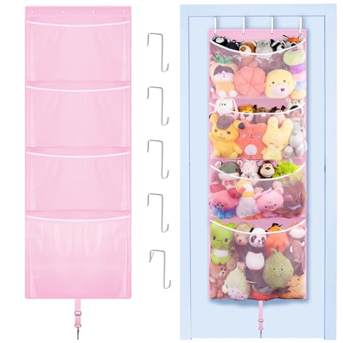 Woodoulogy Hanging Stuffed Animal Storage, Over Door Large Plush Toy Organizer with Metal Hook, Baby Accessory Holder Idea for Nursery, Doll & Bear Mesh Hammock Bag for Girl Boy Kid Room - color: Pink