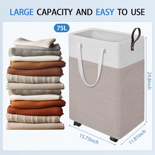 HomeHacks 75L Rolling Laundry Basket with Wheels, Collapsible & Waterproof Laundry Hamper, Mobile Clothes Hamper, Storage Laundry Bins with Handles for Laundry Room, Bedroom, Bathroom & Dor, Khaki - color: Khaki, size: 75L