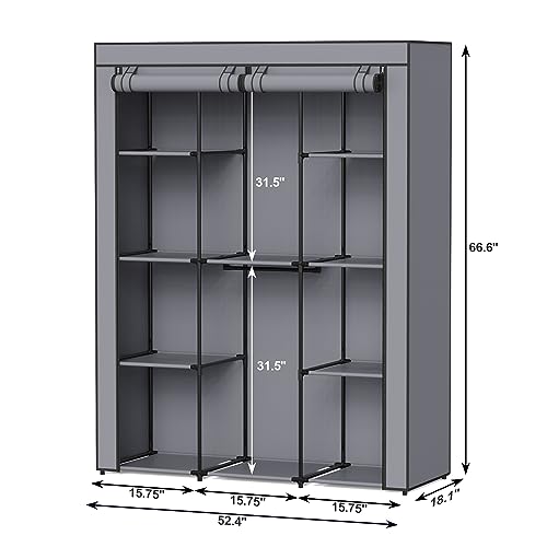 Portable Closet, Wardrobe Closet with 10 Storage Shelves and 2 Hanging Rods, Non-Woven Fabric Cover, 52.4 x 18.1 x 66.6 Inches Closet Organizer for Bedroom, Gray - size: Large