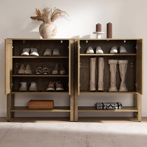 SICOTAS Shoe Cabinet with Storage - 3 Pieces Farmhouse Boho Shoe Organizer with Rattan Doors & Shelves, 5 Tier Free Standing Shoe Rack Storage Cabinet for Entryway, Living Room, Closet (Carbon Cherry) - color: Carbon Cherry, size: 3 Pieces