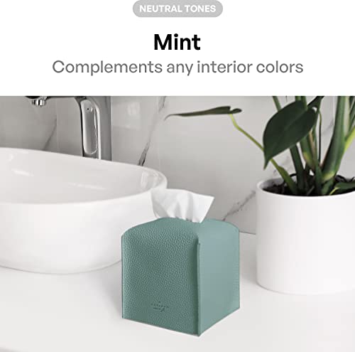 Carrotez Tissue Box Cover, [Refined] Modern PU Leather Square Tissue Box Holder - Decorative Holder/Organizer for Bathroom Vanity Countertop, Night Stands, Office Desk & Car 5"X5"X5" - Mint - color: Tiffany Mint, size: [Square]