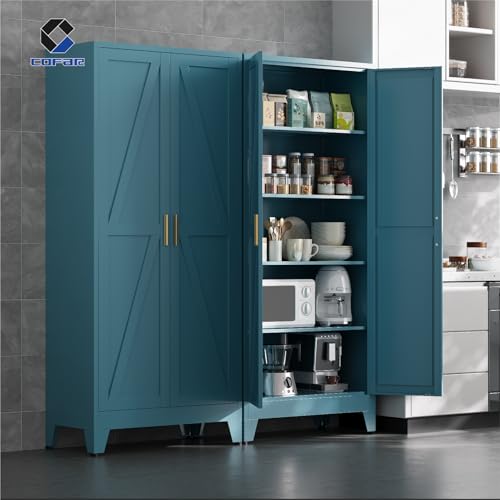 COFaR 71'' Tall Metal Storage Cabinet, Farmhouse Kitchen Pantry Cabinet with Doors and 4 Adjustable Shelves, Metal Pantry Storage Cabinets for Kitchen, Laundry, Peacock Blue 5-Tier - color: Peacock Blue, size: 71 Tall 2 Doors-Tree Door