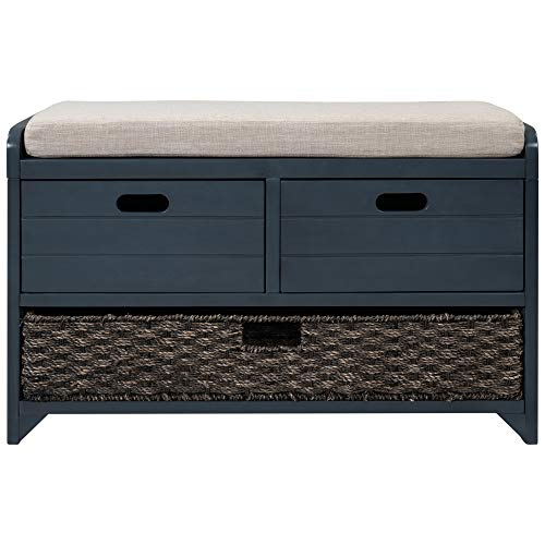 Fully Assembled Storage Bench - Solid Acacia Wood Shoe Organizer with 2 Drawers & Removable Rattan Basket, Rustic Hallway Seating (Navy) - color: Navy