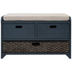 Fully Assembled Storage Bench - Solid Acacia Wood Shoe Organizer with 2 Drawers & Removable Rattan Basket, Rustic Hallway Seating (Navy) - color: Navy